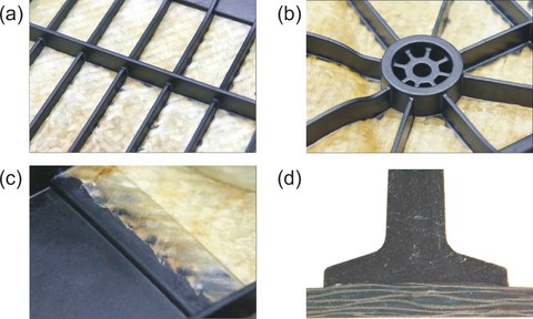 Lokal funktionalisierte Organobleche: Kreuzrippenmuster (a), Lasteinleitungszone (b), umsäumter Randbereich einer Textilverstärkung (c), Versteifungsrippe mit ausgeprägtem Rippenfuß im Schliffbild (d)