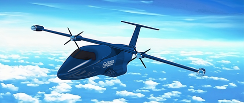 Illustration of an aeroplane in TU Dresden's university blue in the air.