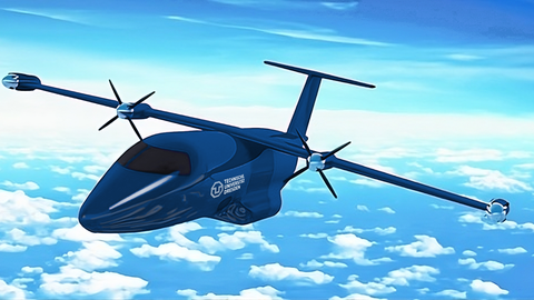 Illustration of an aeroplane in TU Dresden's university blue in the air.