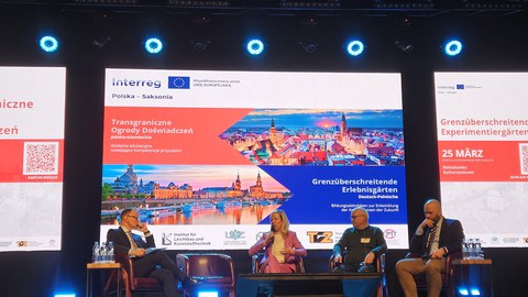 Four people are sitting on a stage in a semicircle. A woman speaks into a microphone. In the background is a large screen with pictures of the cities of Dresden and a Polish city.