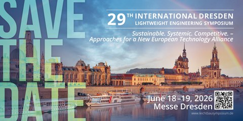 Das Keyvisual des LBS zeigt die Stadtlandschaft Dresdens mit der Elbe und den Schriftzug "SAVE THE DATE", "18.–19.06.2026, Messe Dresden", "Sustainable. Systemic. Competitive. – Approaches for a New European Technology Alliance".