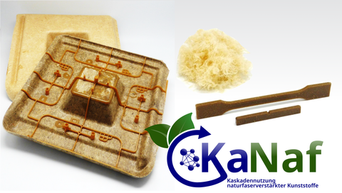 Das Bild zeigt ein quadratisches Bauteil aus Naturfasern, das eine mittige Erhebung sowie angespritze Bindungen hat und auf dem das Logo des Projekts zu sehen ist.