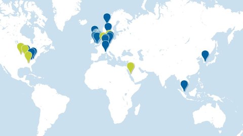 Weltkarte mit verzeichneten Forschungsstandorten.