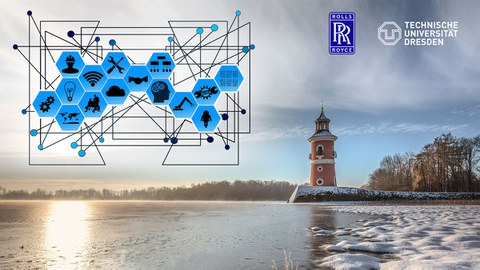 Foto: Moritztburger Leuchtturm im Hintergrund. Links oben befindet sich das Leitbild des TUD-Programmes „Leuchttürme". Rechts oben das Logo von Rolls Royce und daneben das Logo der TU Dresden.