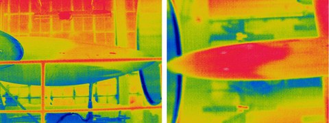 Infrared images of a glider fuselage in the wind tunnel; the change from red to yellow coloration marks the laminar-turbulent transition.