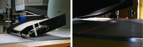 Prinzipuntersuchungen mit einem stark angestellten Spaltflügel in Rückenlage zur Überprüfung des stabilen Bandlaufes unter Saugspitzen mit einem touchierenden Laserstrahl