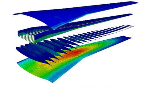 Explosionsdarstellung eines parametrisierten Finite Elemente Modells des Flügels eines Verkehrsflugzeugs