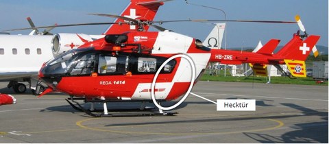 Foto eines Eurocopter EC-145 mit Markierung der Hecktür als Zielbauteil im Verbundprojekt NATURE