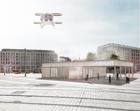 Illustrative Darstellung der möglichen Gestaltung einer Flugtaxihaltestelle im Dresdener Stadtbild
