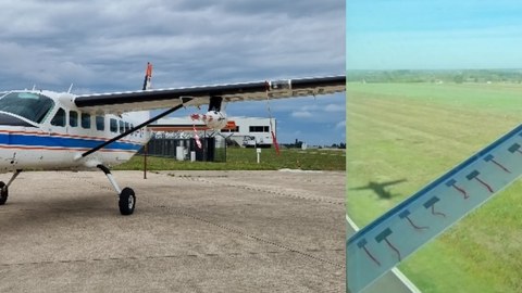 Forschungsflugzeug Cessna 208 Caravan des DLR (links: Außenansicht des Flugzeugs, rechts: Strömungsvisualisierung mittels Wollfäden an Flügelstrebe)
