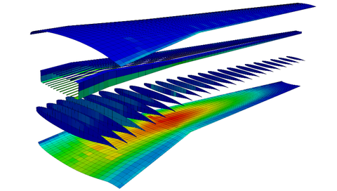 Explosionsdarstellung eines parametrisierten Finite Elemente Modells des Flügels eines Verkehrsflugzeugs, erzeugt mittels WingModeller²