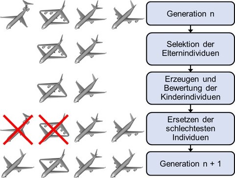 Ablauf der Evolutionären Optimierung am Beispiel eines Flugzeugs