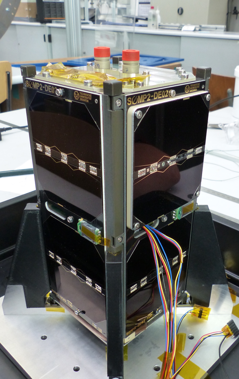 Flugmodell von SOMP2 fertig integriert im Labor:  Antennen sind eingeklappt, Schwarze Flächen sind die Solarzellen und Lagesensoren, Rot die 600°C heißen FIPEX Sensoren, hinter der gelben Folie sind die Materialproben von CiREX, TEG ist im weißen Rahmen unter einer Solarzelle