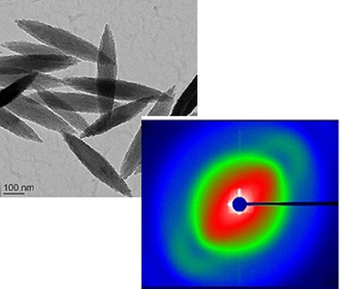 TEM Aufnahme spindelförmiger Hämatitpartikel (oben) ; Kleinwinkelstreuung von ausgerichteten, spindelförmigen Partikeln (unten)