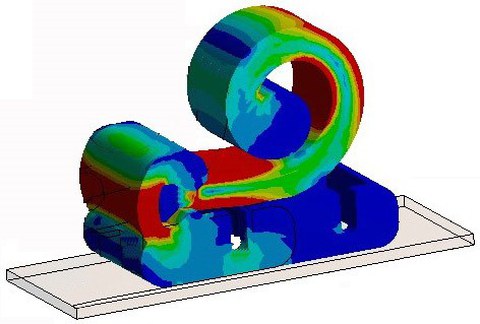 FEM-Simulation der frequenzabhängigen Bewegungsrichtung eines Lokomotionssystems aus einem magneto-sensitiven Elastomer (Quelle: Böhm, TU Ilmenau, 2012)