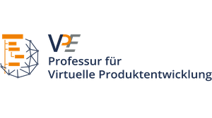 Logo der Professur VPE - links: Visualisierung einer Hierarchie und eines Daten- bzw. Dreiecksnetzes, rechts Text: VPE Professur für Virtuelle Produktentwicklung