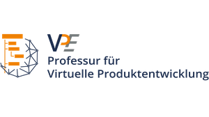 Logo der Professur VPE - links: Visualisierung einer Hierarchie und eines Daten- bzw. Dreiecksnetzes, rechts Text: VPE Professur für Virtuelle Produktentwicklung