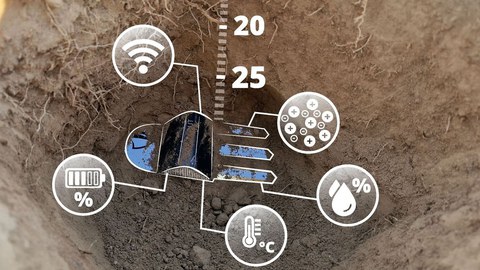 Kollage mit einem Sensor zur Bodenfeuchtemessung