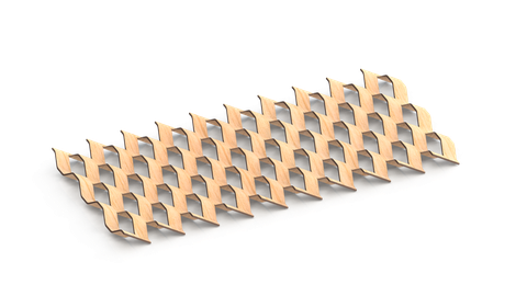 Auf dem Bild sieht man einen gerenderten Werkstoff, der aussieht wie Streckmetall, jedoch aus HDF besteht. Schwarzer Hintergrund. 
