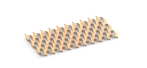 Auf dem Bild sieht man einen gerenderten Werkstoff, der aussieht wie Streckmetall, jedoch aus HDF besteht. Schwarzer Hintergrund. 