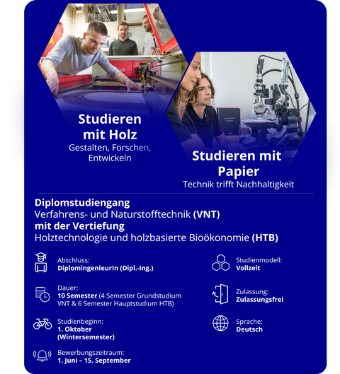 Das Bild listet die wichtigsten Infos zum Studium der HTB auf (Vollzeit, 10 Semester,zulassungsfrei). Oben sind zwei Bilder, eines zeigt Studieren mit Holz (Student beugt sich über Laser), das 2. Studieren mit Papier (2 StudentInnen vor einem Mikroskop). 