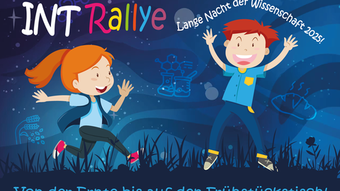 Grafik mit zwei fröhlichen Kindern vor einem blauen Hintergrund. Text: INT-Rallye. Von der Ernte bis zum Frühstückstisch! Lange nacht der Wissenschaft 2025!