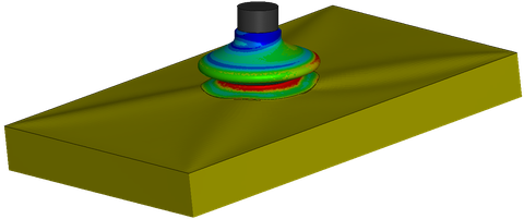 FEM Modell zur Abbildung des Verhaltens einer Wirkpaarung aus einem elastischen Sauggreifer und einer Verpackung mit elastischer Oberfläche. Es sind Verformungen an Sauggreifer und Verpackungsoberfläche erkennbar. Dehnungen am Greifer werden zusätzlich farblich dargestellt.