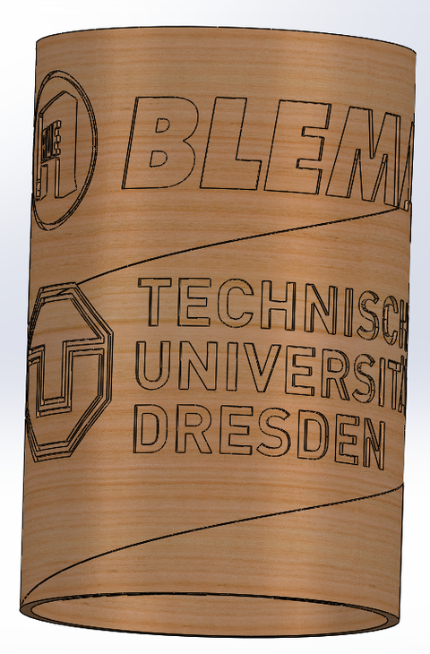Grafische Daerstellung einer spiralgewickelten Kartondose mit Mantelprägungen "BLEMA" und "Technische Universität Dresden".
