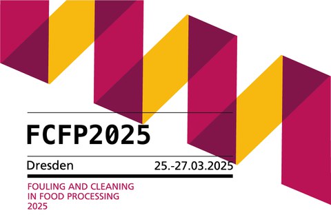 Banner mit lila-gelbem Zickzack. Text:Fouling an Cleaning in Food Processing, Dresden 25.-27.3.2025