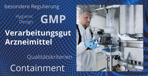 Verfahrenstechnische Anlage und ein Mann in weißem Schutzanzug. Dazu die Wörter besondere Regulierung, Hygienic Design, GMP, Verarbeitungsgut Arzneimittel, Qualitätskriterien und Containement.