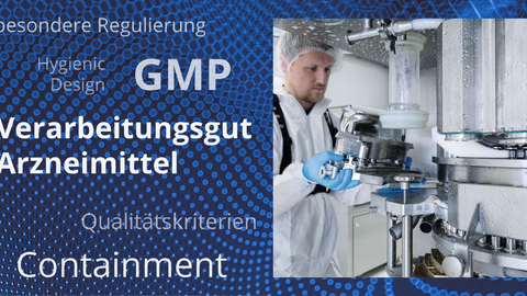 Verfahrenstechnische Anlage und ein Mann in weißem Schutzanzug. Dazu die Wörter besondere Regulierung, Hygienic Design, GMP, Verarbeitungsgut Arzneimittel, Qualitätskriterien und Containement.