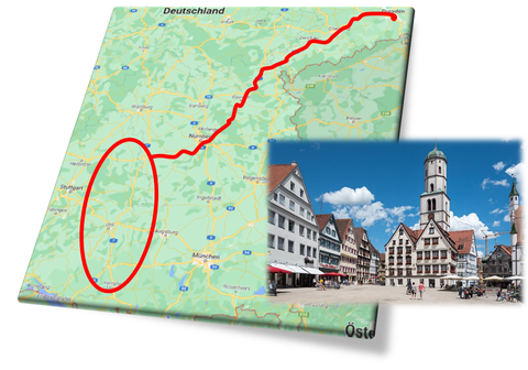 Kartenausschnitt mit Umgebung Ulm und Foto des Marktplatzes Bieberrach