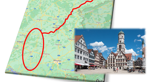 Kartenausschnitt mit Umgebung Ulm und Foto des Marktplatzes Bieberrach