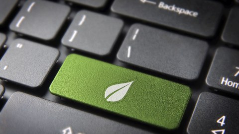 Foto einer Computertastatur mit einer grünen Taste mit einem grünen Blatt darauf