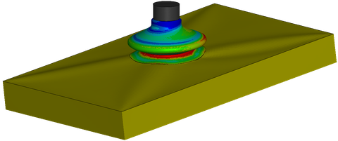 FEM Modell zur Abbildung des Verhaltens einer Wirkpaarung aus einem elastischen Sauggreifer und einer Verpackung mit elastischer Oberfläche. Es sind Verformungen an Sauggreifer und Verpackungsoberfläche erkennbar. Dehnungen am Greifer werden zusätzlich fa