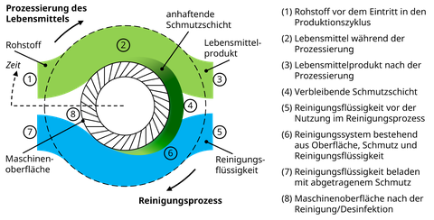 Holistische Prozessschema. Ein Kreis rotiert in einer Schale, die Ein-und Ausgänge hat. Der obere Bereich ist grün gefüllt,d er untere blau.