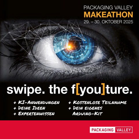 Bild eines Auges mit blauer Iris. Packaging Valley makeathon. 29.-30. Oktober
