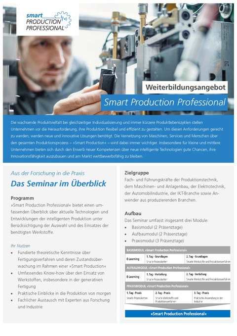 Flyer mit Informationen zum Weiterbildungsangebot "Smart Production Professional"
