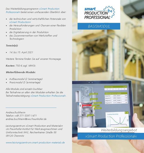 Flyer mit Informationen zum Weiterbildungsangebot "Smart Production Professional"
