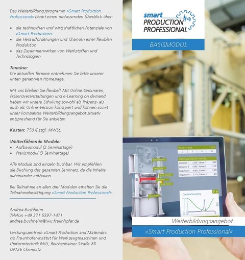Flyer mit Informationen zum Weiterbildungsangebot "Smart Production Professional"-Basismodul