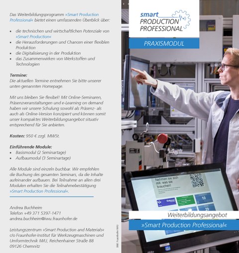 Flyer mit Informationen zum Weiterbildungsangebot "Smart Production Professional"-Praxismodul