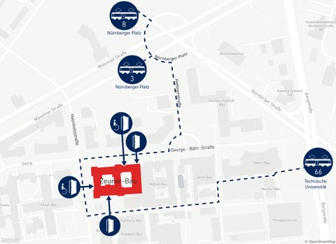 Die Grafik zeigt einen Ausschnitt des Stadtplans, mit dem Zeuner-Bau, mit benachbarten Straßen und öffentlichen Verkehrsmitteln. Der Zeuner-Bau ist rot hervorgehoben und alle 4 Eingänge (davon 2 barrierefrei) sind in den Plan eingezeichnet. 