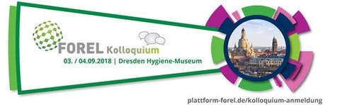 Das Logo des Forel-Kolloqiums, rechts befindet sich ein rundes Foto von Dresden, darum herum sind grüne, blaue und pinke Felder angeordnet. Ein grünes Feld ist nach links aufgeklappt und darin steht: Forel Kolloqium 03./04.09.2018 Dresden Hygiene Museum