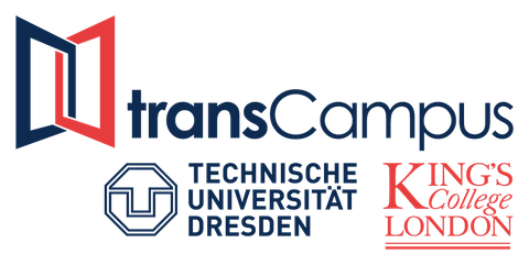 Grafik mit den Logos von TransCampus, TUD und King's College. Oben links sind ein blaues und rotes Fenster miteinander verbunden, daneben in blau: transCampus, links darunter in blau das Logo der TUD, rechts daneben in rot King´s College LONDON