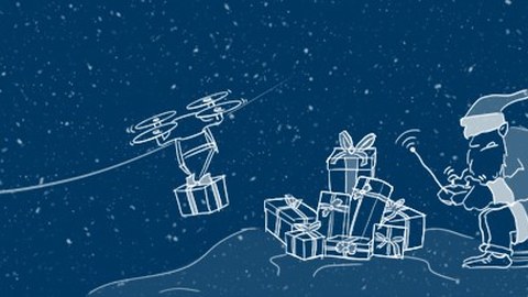 Die Grafik zeigt den Weihnachtsmann, der eine Drohne steuert. In der Mitte liegen viele Geschenke auf einem Haufen. Die Grafik ist als weiße Strichzeichnung auf dunkelblauem Hintergrund realisiert. Es schneit.
