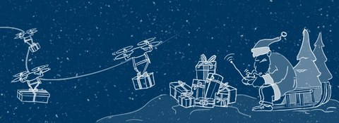 Die Grafik zeigt den Weihnachtsmann, der eine Drohne steuert. In der Mitte liegen viele Geschenke auf einem Haufen. Die Grafik ist als weiße Strichzeichnung auf dunkelblauem Hintergrund realisiert. Es schneit.
