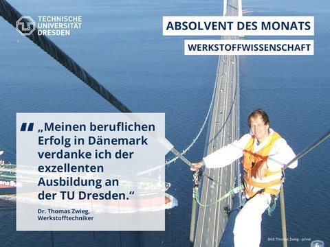 Auf dem Bild ist der Absolvent des Monats zu sehen, stehend auf einer Brücke in Dänemark