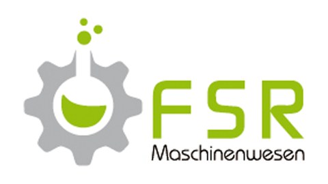 Das Logo des Fachschaftsrates Maschinenwesen zeigt die drei Buchstaben FSR in grüner Schrift, das Wort Maschinenwesen ist grau eingefärbt. Links daneben ist ein abstrakter Erlmeierkolben platziert, dessen Korpus an ein Zahnrad erinnert.