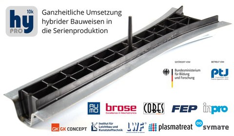 Auf dem Bild ist eine Faserverbund-Kunststoff-Metall-Hybridstruktur zu sehen sowie die Projektpartner Logos