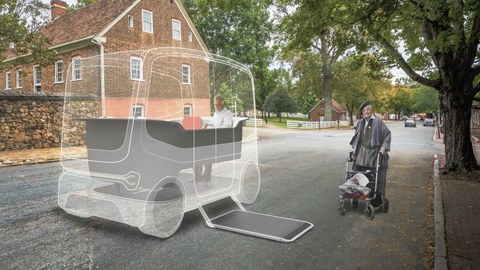 Auf dem Bild ist das Projekt TRACE dargestellt. Links im Bild eine Illustration des Ride-Sharing Konzeptes und rechts eine ältere Frau, die in das Transportfahrzeug einsteigen will